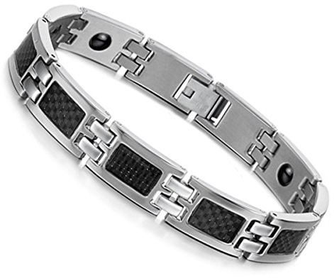 Flongo Herren Armband Magnetarmband 11mm Kohlenstoff-Faser Energie magnetischen Stein Edelstahl Armbänder für Paar Wolframcarbid Wolfram Armband Armreif Magnet Geschenk für Männer Damen schwarz silber