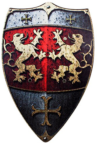 BestSaller 1164 Ritterschild Holz, 49x32 cm, mit Löwen Motiv mit Ledergriff, rot/Gold (1 Stück)