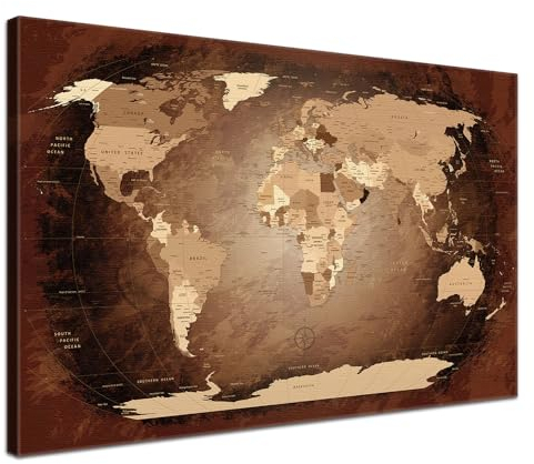 Stilvolle Pinnwand Weltkarte - Antik - Englisch in 120 x 80 cm, stabile Rückwand zum Pinnen inkl. Starterkit - Leinwand-Kunstdruck Wandbild Landkarte XXL