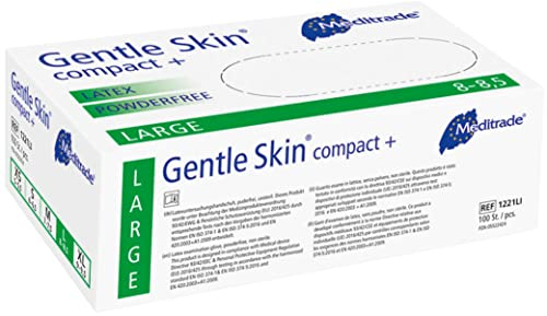 Meditrade Gentle Skin Compact+ Latex Untersuchungshandschuhe – unsterile, puderfreie Einweghandschuhe – Geeignet für mehrere Bereiche – Weiß – Größe L, 100 Stück