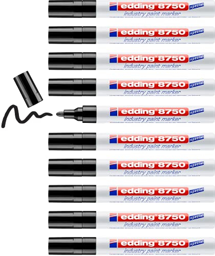 edding 8750 Industry Lackmarker - schwarz - 10 Stifte - Rundspitze 2-4 mm - Lackmarker zum Schreiben auf staubigen, leicht öligen Oberflächen, Reifen, Metall, Glas und Holz - permanent, wasserfest