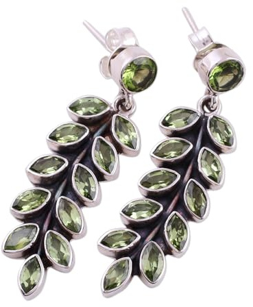 NOVICA Artisan Handmade Peridot Dangle Earrings Artisan Crafted Sterling Silver Green India Birthstone [1.6 in L x 0.4 in W x 0.2 in D] ' Summer Fern'