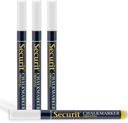 SECURIT - 4er-Set Kreidemarker - Für nicht-poröse Oberflächen (Schwarze Tafel, Glas, Metall, Spiegel...) - Dünne Spitze 1-2 mm - Weiß
