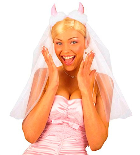NET TOYS Brautschleier mit Hörnern Lustiger Braut Schleier weiß-pink Witziger Hochzeitsschleier JGA Hochzeit Schleier Junggesellinnenabschied Zubehör