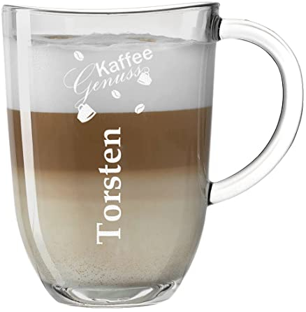 polar-effekt Leonardo Kaffeebecher Kaffeeglas mit Henkel personalisiert mit Gravur - Latte-Macchiato Glas 380 ml - Trinkglas Geschenk-Idee zum Geburtstag für Mama - Motiv Kaffee-Genuss
