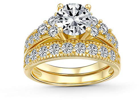 3CT Round Solitaire Side Stones AAA CZ Pave Wedding Band Engagement Ring Set 14K Gold Plated 925 Sterling Silver