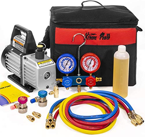 XtremepowerUS Bomba de vacío de aire HVAC 3CFM 1/4HP (R134a R12 R22 R410a) A/C Refrigeración AC Manifold Gauge R134 Can-Tap incluida bolsa de transporte