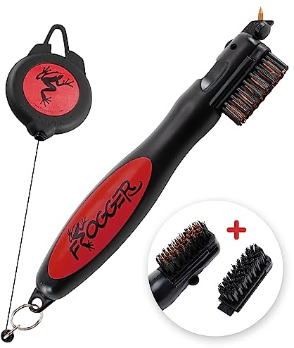 Frogger BrushPro Golf Club Cleaner with Ergonomic Grip and 2.5 ft. Retractable Cord, Red - Sturdy Golf Club Brush and Groove Cleaner for Golfers