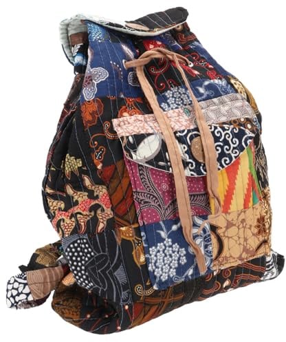 Patchwork Rucksack aus Baumwolle, Unisex, Kordelzug, bunt, einzigartig | Farbenfroher Rucksack, individuelles Design, verstellbare Schultergurte, Kokosknopf, ideal für Alltag und Freizeit