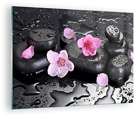 Bilder auf Glas Blumen Steine Tropfen Spa Glasbild 70x50cm Wandbilder Dekoration Wohnzimmer Schlafzimmer Küche Deko Klein Wanddeko Bild im Glas Wand Kunstdruck Art Modern Wall Decor GAA70x50-2714