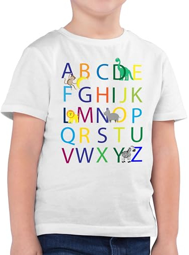 Kinder T-Shirt Jungen - Junge - ABC Einschulung - 128 (7/8 Jahre) - Weiß - Schulkind Tshirt einschulungsshirt schulanfänger ABCD Shirt Geschenk einschulungsshirts 1 Schultag Alphabet Shirts