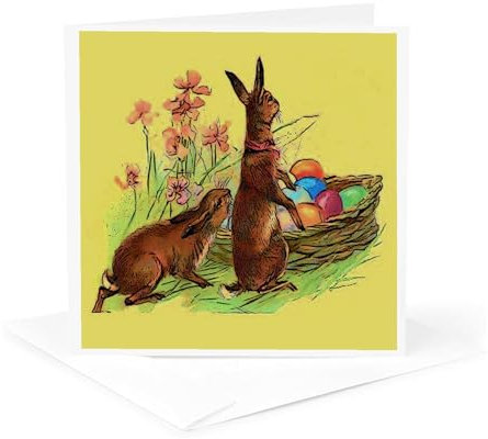 3dRose gc_14788_5 6 x 6-Inch Rabbits with Easter Egg Basket Greeting Card