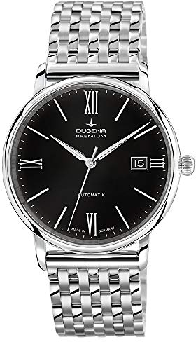 Dugena Herren-Armbanduhr 7090196 Festa Roma, Automatik, schwarzes Zifferblatt, Edelstahlgehäuse, Saphirglas, Edelstahlarmband, Doppelfaltdrückerschließe, 5 bar