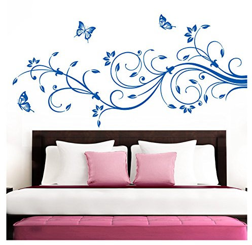 Grandora Wandtattoo XXL Blumenranken Schmetterlinge Blumen I azurblau (BxH) 90 x 39 cm I Schlafzimmer Liebe Flur Wohnzimmer modern Aufkleber Wandaufkleber W1073