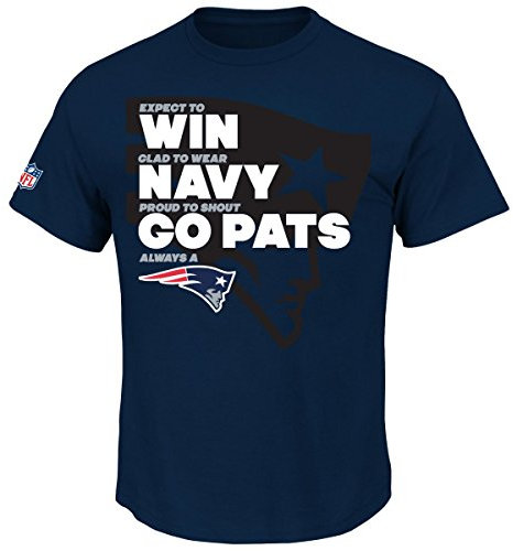 Majestic Athletic NFL Football T-Shirt New England Patriots Slogan Win Navy Go Pats (M)