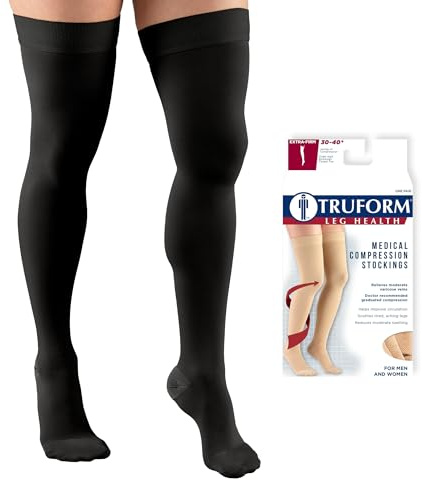 Truform 30-40 mmHg Compression Stockings for Men and Women, Thigh High Length, Dot-Top, Closed Toe, Black, Large