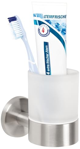 bremermann Bad-Serie Piazza - Glasbecherhalter, Zahnputzbecherhalter inkl. Wandhalterung, Becherhalter - Zahnbürstenhalter, aus satiniertem Glas und Edelstahl matt