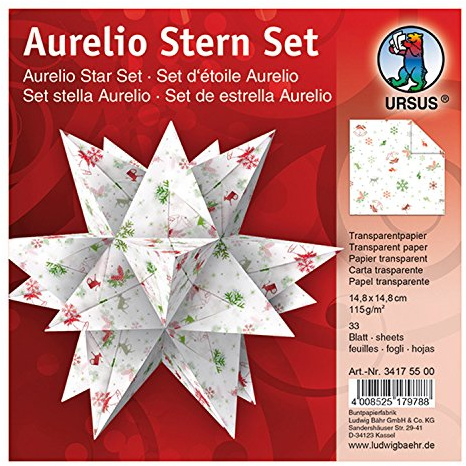 Ursus 34175500 - Faltblätter Aurelio Stern Classic Christmas, rot / grün, 33 Blatt, aus Transpatentpapier 115 g/qm, ca. 14,8 x 14,8 cm, einseitig bedruckt, ideal als Weihnachtsdeko