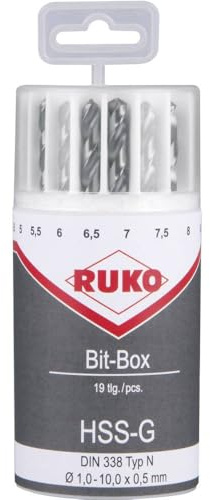 RUKO 214225 - Juego brocas HSS rectificadas en Bote cilíndrico - 19 piezas