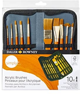 Daler-Rowney Simply Acrylic Brush Set in Zip Case, 10 x Assorted Gold Taklon Synthetic Hair Brushes, Short Handle, Ideal for Entry-Level Artists & Hobbyists