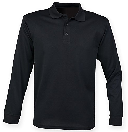 Henbury Mens Coolplus Moisture Wicking Long Sleeve Polo Shirt (XL) (Black)