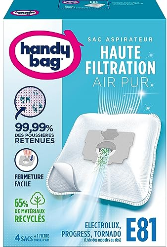 Handy Bag - Sacs aspirateur E81 x4sacs - Compatibles Electrolux, Progress, Tornado et Volta - 99,99% des poussières retenues - Fermeture facile - Filtre anti-allergène - 65% de matériaux recyclés
