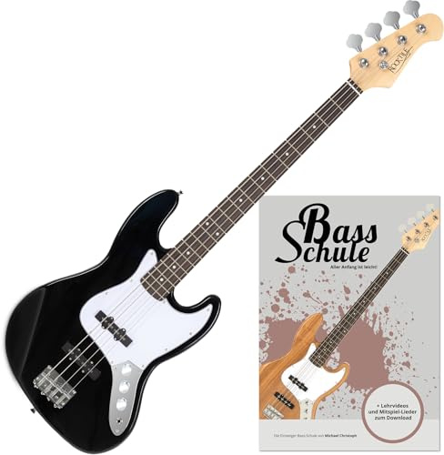 Rocktile Fatboy II BK E-Bass Black Set inkl. Schule, Jazz-Style E-Bass | 2 Single Coil Tonabnehmer, 2 Volume-/1 Toneregler, Korpus: Linde, Hals: Ahorn (unbehandelt), Griffbrett: Palisander, 21 Bünde