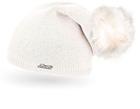 Neverless® außergewöhnliche Damen Strickmütze mit Fell-Bommel, Strick-Beanie Creme Unisize
