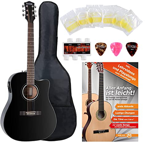 Rocktile D-60CE Westerngitarren Set mit Tonabnehmer - Dreadnought Gitarre - Mit Tasche, Übungsheft, Stimmpfeife, Saiten und 3 Plektren - Schwarz