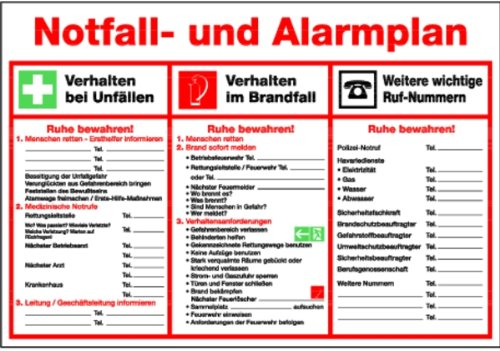 Schild Kunststoff Notfall- und Alarmplan 410 x 595 mm (Erste Hilfe Plan, Rettungsschild) praxisbewährt, wetterfest