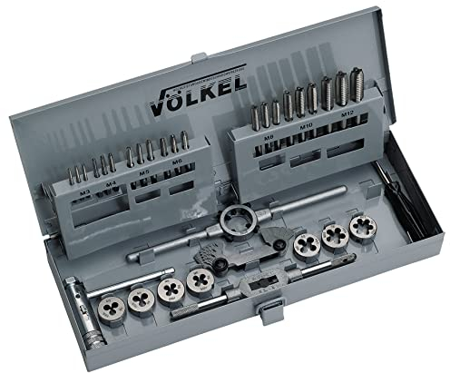 Völkel Handgewindebohrer + Schneideisen 31-tlg. Satz M 3 – M 12 | Gewindebohrer, Schneideisen, Windeisen, Schneideisenhalter & Werkzeughalter in Metall-Kassette | Gewindeschneider Set Profi