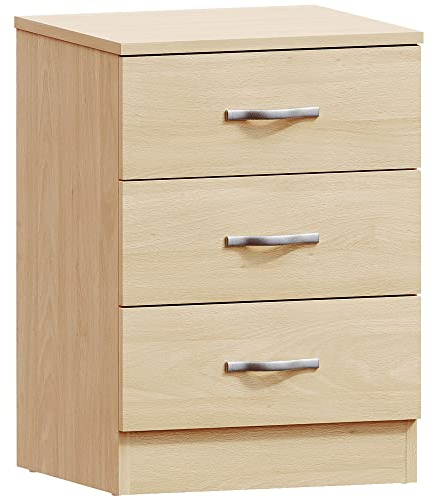 Vida Designs Home Discount Mesilla de Noche, Pino, de 3 cajones corredizos, con Tiradores de Metal, Soporte de cajón único antiarqueamiento, Muebles de Dormitorio Riano