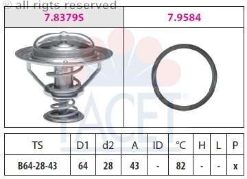 FACET 7.8649 Thermostat Kühlmittel Kühlwasserthermostat mit Dichtung 82°C Kompatibel mit NISSAN X-TRAIL T30 212001AT1A 21200AD200 KW 580 649