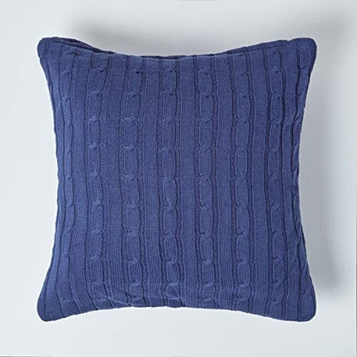Homescapes dunkelblaue Kissenhülle für Zierkissen/Sofakissen mit Strick-Zopfmuster, quadratischer Zierkissenbezug 45 x 45 cm aus 100% Baumwolle, Marineblau
