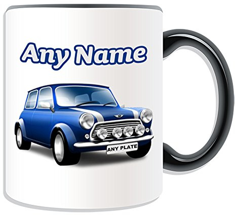 Tasse mit blauem Mini Cooper, weiß, personalisierbar