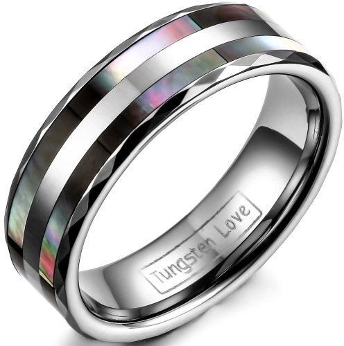 JewelryWe Ringe Damen Wolfram Abalone: 6mm Breite Wolframcarbid Damen-Ring mit Doppelt Linie Abalone Muschel Inlay Trauringe Hochzeit Engagement Versprechen Band Ring mit Gravur Silber Größe 54
