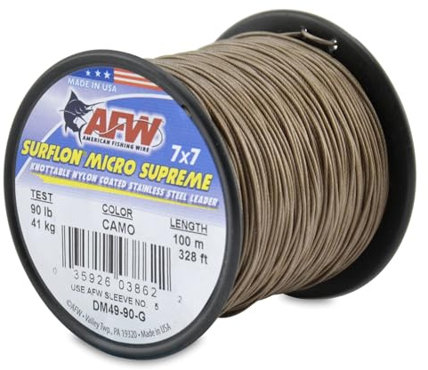 American Fishing Wire Surflon Micro Supreme, Nylon Coated 7x7 Stainless Steel Leader Wire, 90 lb Test, 036 Diameter, Camo, 100 m
