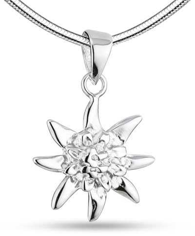 Damen Halskette 925 Sterling Silber mit kleinem Edelweiß Anhänger, AEDD-S | Schlangenkette, filigran, Alpenmotiv, Geschenkidee, Frauen, zeitloses Design, italienische Kette, hochwertiger Halsschmuck