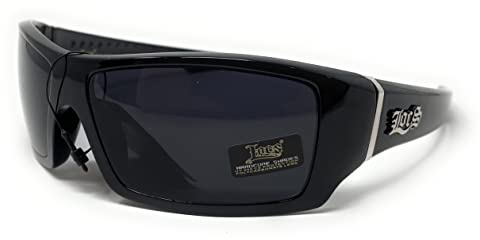 Locs Men's Rectangular Hardcore Black Wrap 63mm Sunglasses (Cursive Logo), Black With Cursive Logo, 63 mm