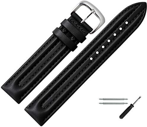 MARBURGER Uhrenarmband 20mm Leder Schwarz Silber Glatt Mit Naht - Montage Set 2502010000120