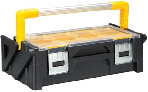 Perel Werkzeug-Organizer 15,2 L mit 18 Fächern und 2 Ebenen, Werkzeugkoffer mit Aluminiumgriff und Metallverschlüssen, Organizer für Schrauben und Kleinteile, 45,5 x 24 x 14 cm