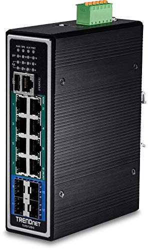 TRENDnet, TI-PG1284I, Switch DIN-rail gestito Gigabit PoE+ Layer 2+ industriale rinforzato a 12 porte, budget di potenza di 240 W, classificazione IP30, splitter Ethernet, nero