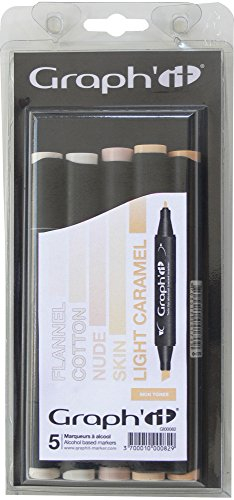 Graph'it - Set de 5 Marqueurs à Alcool Double Pointe : Fine et Biseautée - Dessin Manga et Illustration - Professionnel et Débutant - Couleur : Série Skin Tones