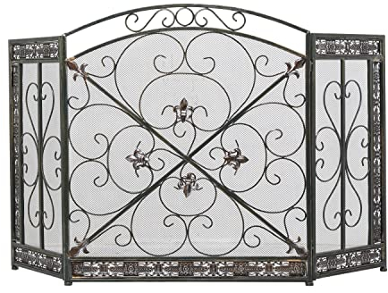 Deco 79 Metall-Kaminschutz, faltbar, 3-teilig, mit Fleur-de-Lis- und Scrollwork-Motiven, 132 x 2,5 x 78,7 cm, Schwarz