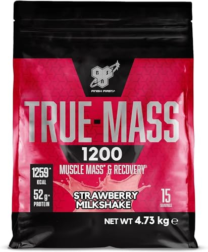 BSN True Mass 1200, protéines en poudre, gain de masse avec isolat de whey et glucides, gain de poids et de muscle et récupération Post Workout, goût Milkshake à la fraise, 15 portions, 4,8 kg