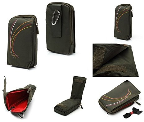 DFV mobile - Multi-Functional Vertical Stripes Pouch Bag Case Zipper Closing Carabiner for Highscreen Spider - Green (16 x 9.5 cm)