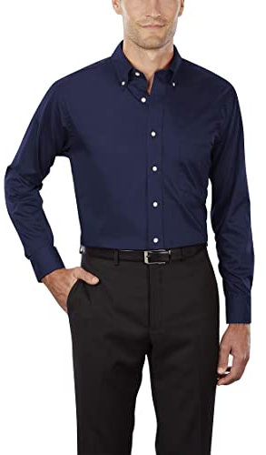 Van Heusen Men's Regular Fit Twill Solid Button Down Collar Dress Shirt, Navy, Medium