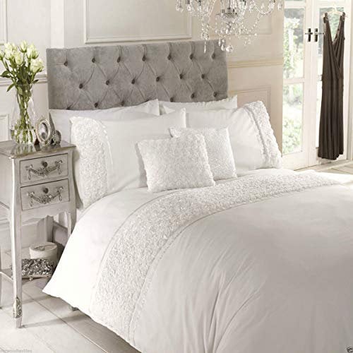 Rapport Duvet Quilt Cover Set Bedding Raised Rose & Ribbon Polycotton, Cotton and Polyester, White