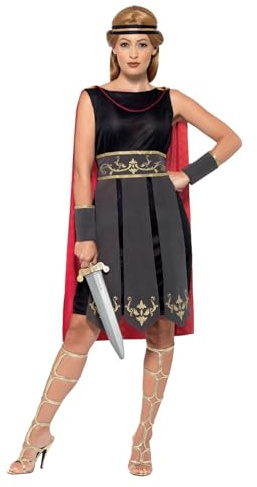 Smiffys - Damen Römische Kriegerin Kostüm, Kleid mit Umhang, Arm Stulpen und Haarband, schwarz Halloween