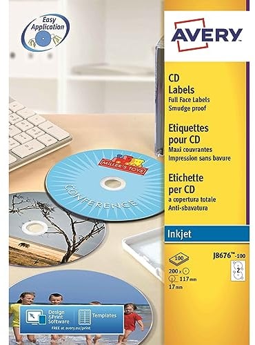 Avery Zweckform, J8676-100, CD-Etiketten, 100 Blatt, SuperSize-Spezialformat, bis 2880 dpi, schnell trocknend, spezielbeschichtet, ø 117 mm